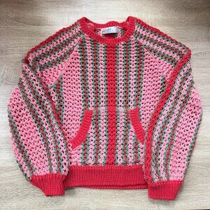New Free People Dayton Pullover Crochet Knit Striped Sweater Red Pink XS